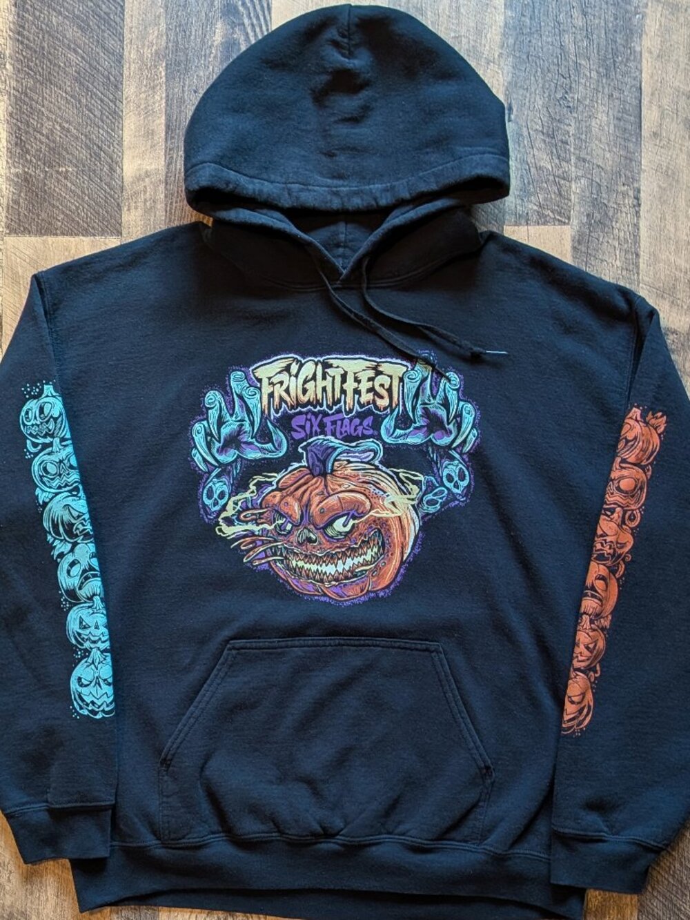 Fright Fest Six Flags Hoodie Jack-O’-Lantern Large Black Cotton Poly Fleece